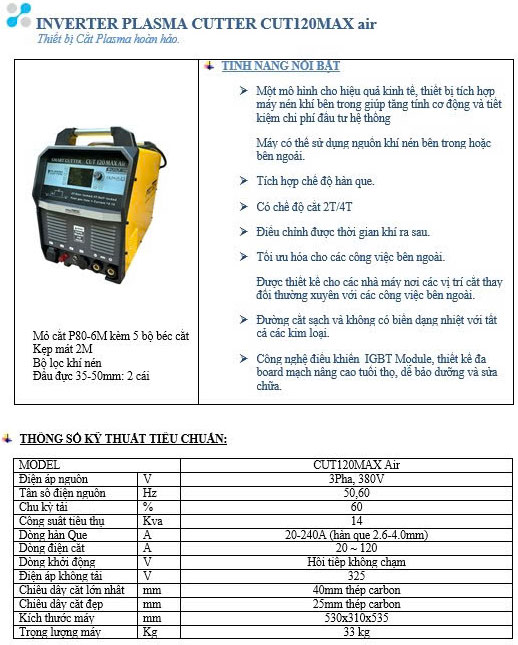 M&aacute;y cắt plasma t&iacute;ch hợp kh&iacute; n&eacute;n CUT 120 Max  Air